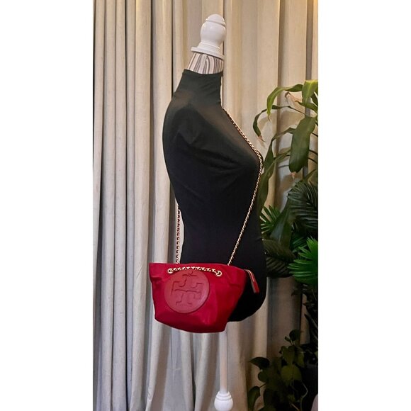 Tory Burch Red Nylon Chain Crossbody Tote With Logo Embossed Patch & Gold Accent - Picture 10 of 11
